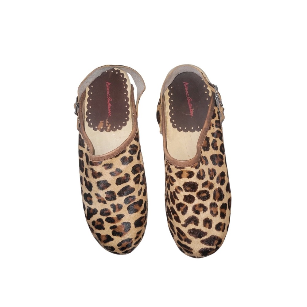 Hanna Andersson Leopard Calf Hair Wooden Slingback Clogs Made in Brazil 39/ 8.5